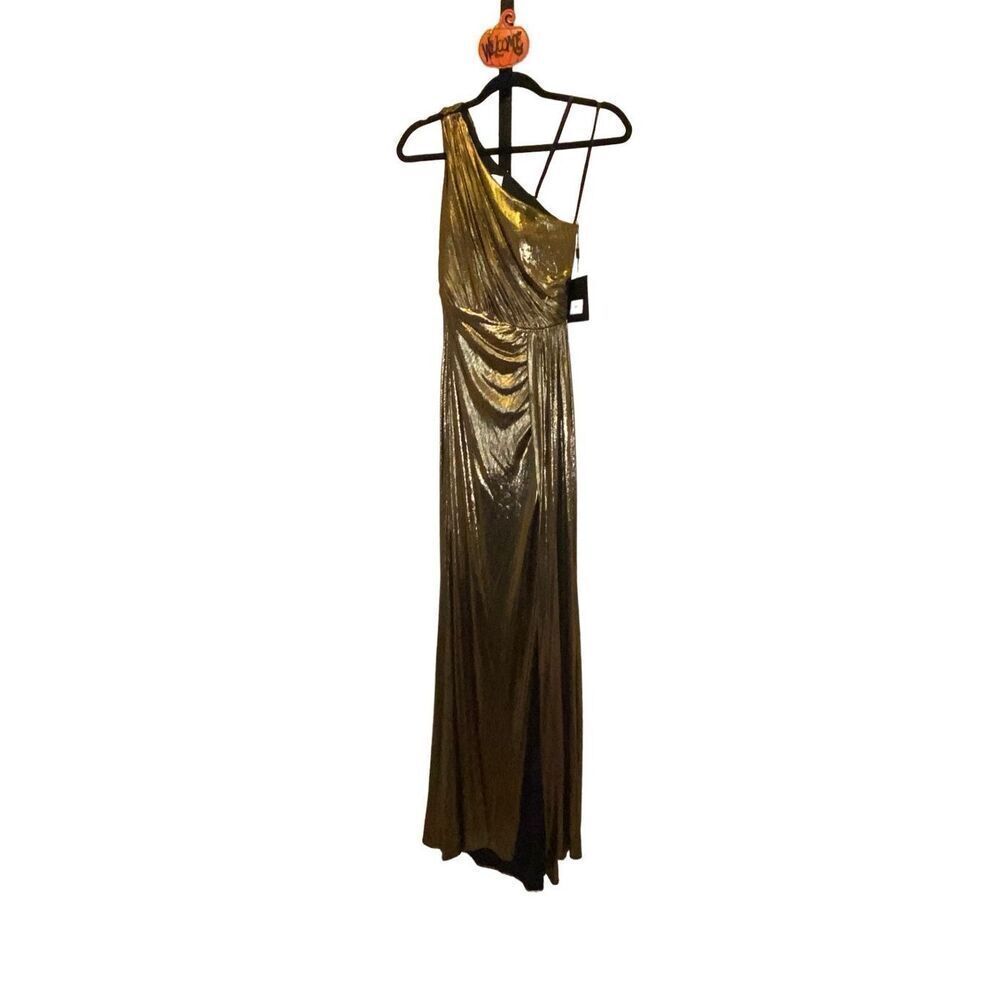 Ieena Mac Duggal Womens 0 One Shoulder Grecian Dress Metallic Liquid Gold NWT